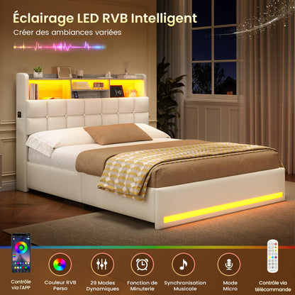 Polsterbett 140x190cm, hydraulisches Stauraumbett mit LED, USB & Type-C, Lattenrost, Leinenstoff, Doppelbett, ohne Matratze, Beige