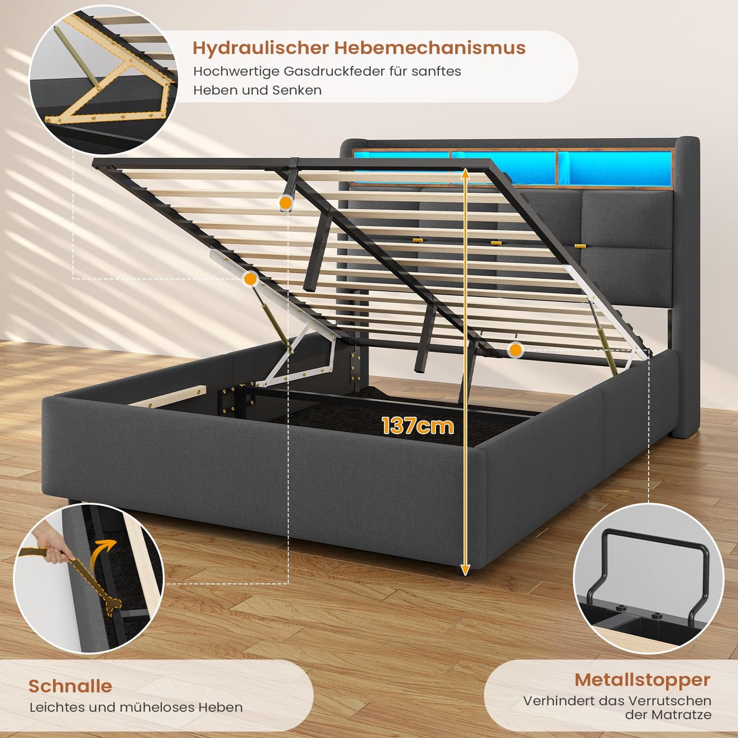 DICTAC Polsterbett 140x200cm, hydraulischer Stauraum, LED & Steckdosen, Lattenrost & Bettkasten, Doppelbett mit USB & Kopfteil, Dunkelgrau