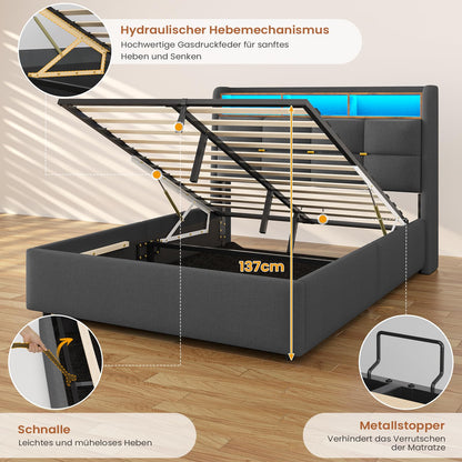 DICTAC Polsterbett 140x200cm, hydraulischer Stauraum, LED & Steckdosen, Lattenrost & Bettkasten, Doppelbett mit USB & Kopfteil, Dunkelgrau