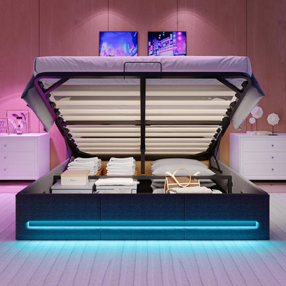 Fofetbfo Polsterbett 140x200cm, LED & USB, hydraulisch mit Stauraum, Lattenrost, Funktionsbett, Kopfteil mit Stauraum, Jugendbett, Linen