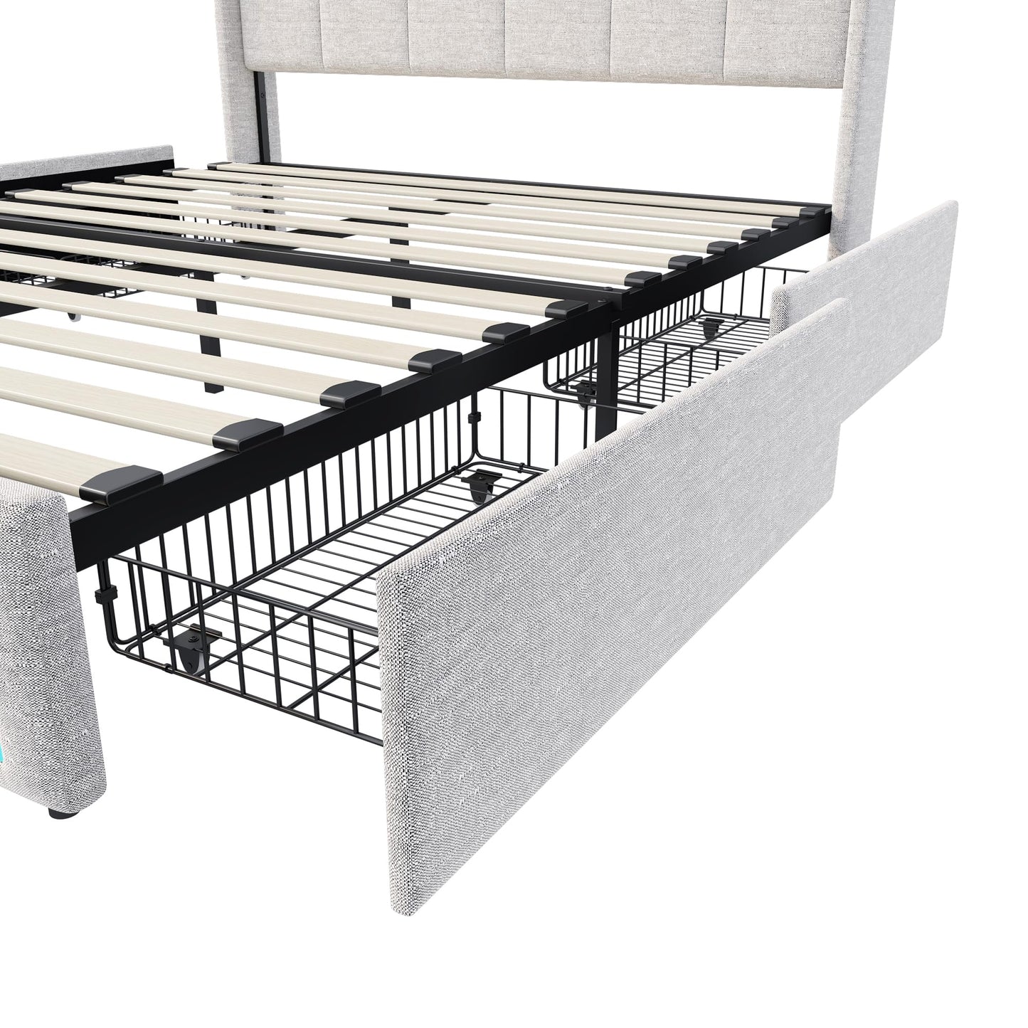 Polsterbett 140x200cm, LED Doppelbett mit 4 Schubladen, Lattenrost, Kopfteil mit Stauraum & USB, Funktionsbett, Leinen, Beige