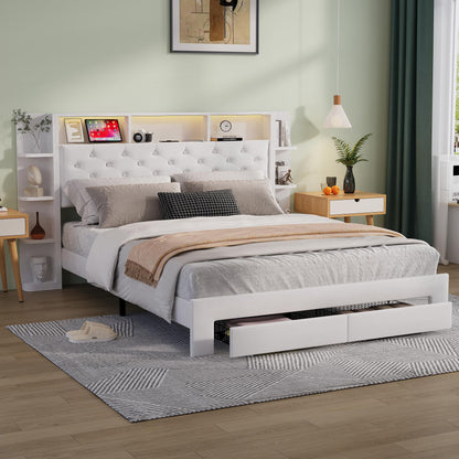 Bett mit 2 Schubladen, LED & USB, Doppelbett 160x200cm, gepolstert, Velours, Stauraum, Eisenrahmen, ohne Matratze, E Weiß
