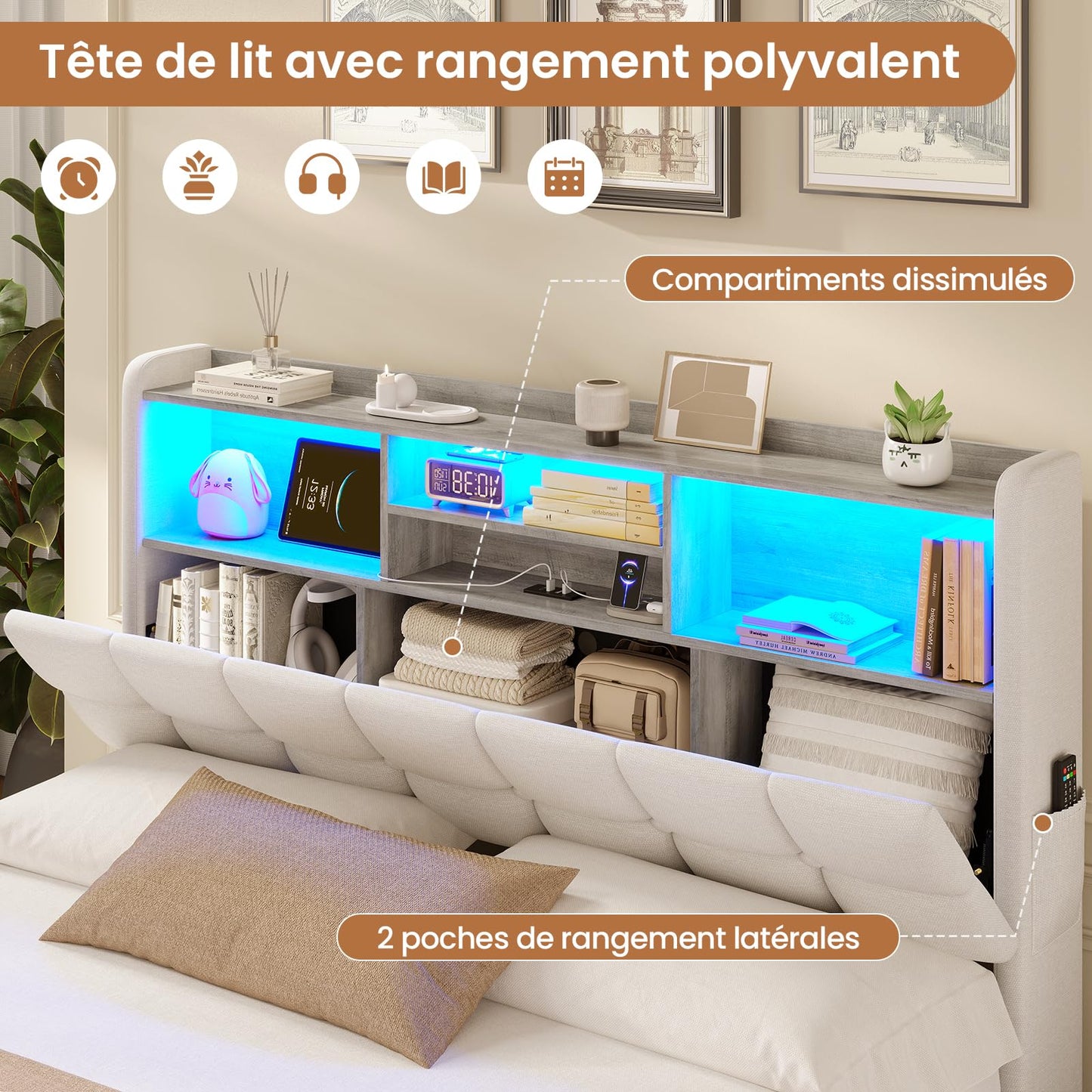 Polsterbett 140x190cm, hydraulisches Stauraumbett mit LED, USB & Type-C, Lattenrost, Leinenstoff, Doppelbett, ohne Matratze, Beige