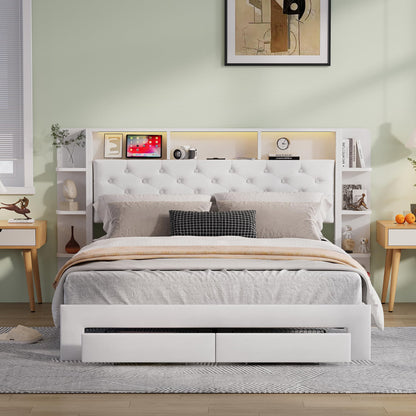 Bett mit 2 Schubladen, LED & USB, Doppelbett 160x200cm, gepolstert, Velours, Stauraum, Eisenrahmen, ohne Matratze, E Weiß