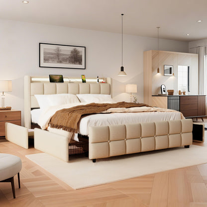 XMETPR Doppelbett 160x200cm, Polster, 4 Schubladen, LED & 2 USB + 2 AC-Ladestationen, Holzlattenrost, Leinenstoff, Plattformbett, Beige