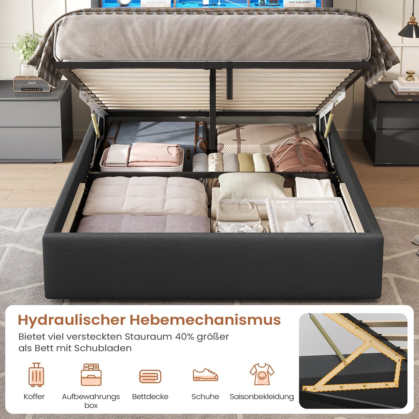 DICTAC Polsterbett 140x200cm, hydraulischer Stauraum, LED & Steckdosen, Lattenrost & Bettkasten, Doppelbett mit USB & Kopfteil, Dunkelgrau