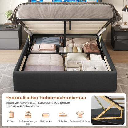 DICTAC Polsterbett 140x200cm, hydraulischer Stauraum, LED & Steckdosen, Lattenrost & Bettkasten, Doppelbett mit USB & Kopfteil, Dunkelgrau