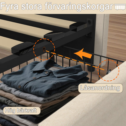 XMETPR Doppelbett 160x200cm, Polster, 4 Schubladen, LED & 2 USB + 2 AC-Ladestationen, Holzlattenrost, Leinenstoff, Plattformbett, Beige