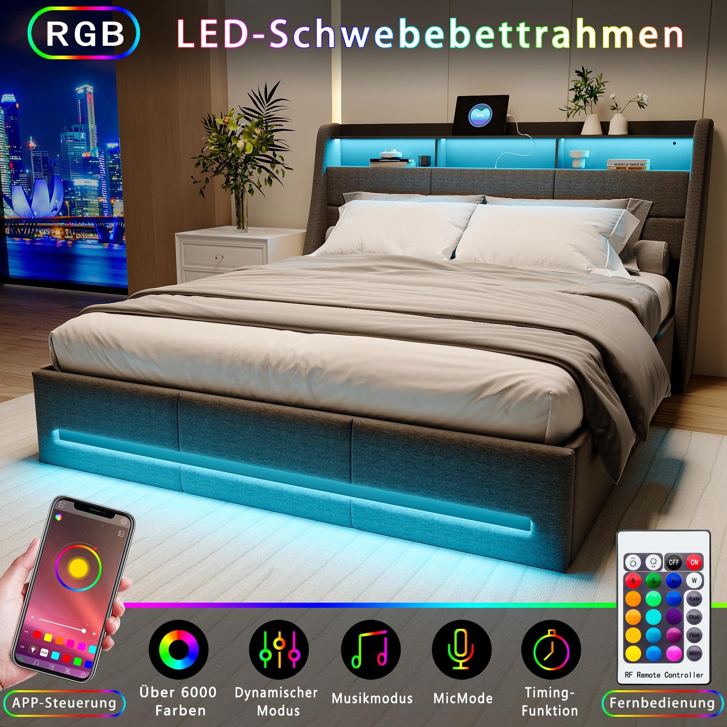Fofetbfo Polsterbett 140x200cm, LED & USB, hydraulisch mit Stauraum, Lattenrost, Funktionsbett, Kopfteil mit Stauraum, Jugendbett, Linen