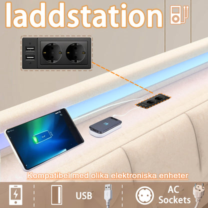 XMETPR Doppelbett 160x200cm, Polster, 4 Schubladen, LED & 2 USB + 2 AC-Ladestationen, Holzlattenrost, Leinenstoff, Plattformbett, Beige