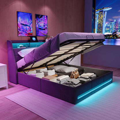 Fofetbfo Polsterbett 140x200cm, LED & USB, hydraulisch mit Stauraum, Lattenrost, Funktionsbett, Kopfteil mit Stauraum, Jugendbett, Linen