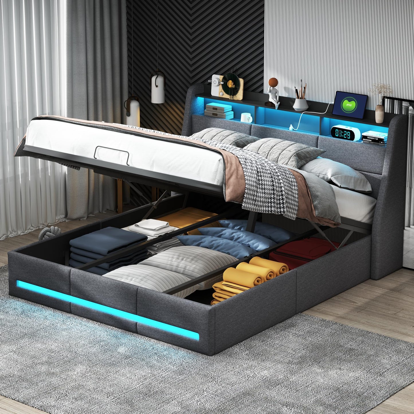 Fofetbfo Polsterbett 140x200cm, LED & USB, hydraulisch mit Stauraum, Lattenrost, Funktionsbett, Kopfteil mit Stauraum, Jugendbett, Linen