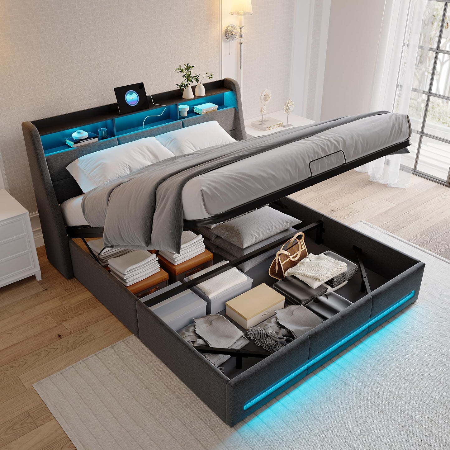 Fofetbfo Polsterbett 140x200cm, LED & USB, hydraulisch mit Stauraum, Lattenrost, Funktionsbett, Kopfteil mit Stauraum, Jugendbett, Linen