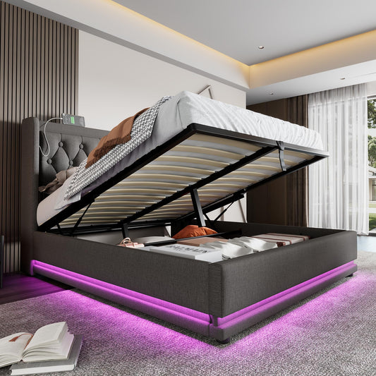 Polsterbett 180x200cm, LED Doppelbett mit Stauraum, Lattenrost, Kopfteil mit USB-C, hydraulisch, Funktionsbett, Grau, ohne Matratze