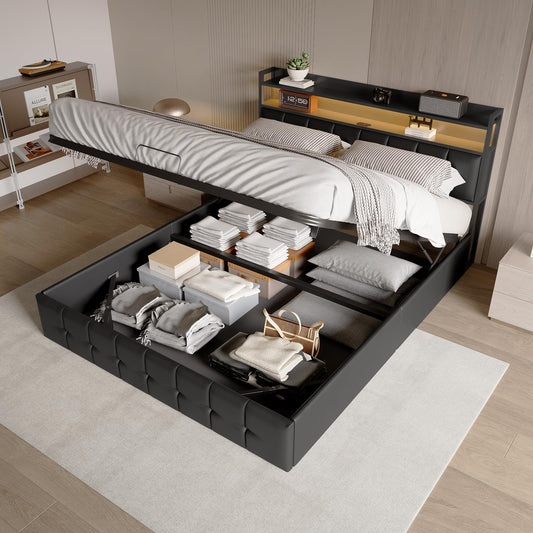 Polsterbett 160x200cm, LED Doppelbett mit Stauraum, Kopfteil mit USB-C, hydraulisch, Lattenrost, PU-Oberfläche, Schwarz, ohne Matratze