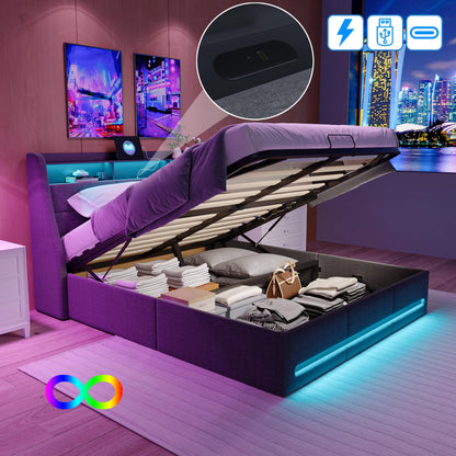 Fofetbfo Polsterbett 140x200cm, LED & USB, hydraulisch mit Stauraum, Lattenrost, Funktionsbett, Kopfteil mit Stauraum, Jugendbett, Linen
